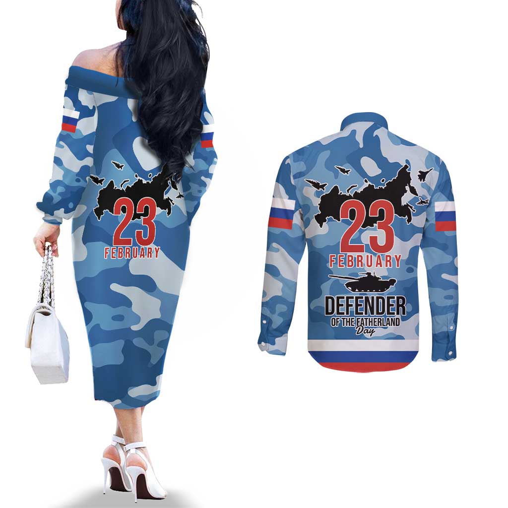 Russia Defender of the Fatherland Day Couples Matching Off The Shoulder Long Sleeve Dress and Long Sleeve Button Shirt 23th February