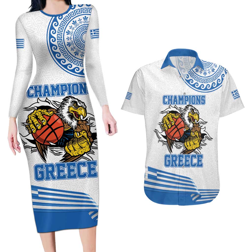 Custom Greece Basketball Champions Couples Matching Long Sleeve Bodycon Dress and Hawaiian Shirt Sporty Style with Eagle Mascot