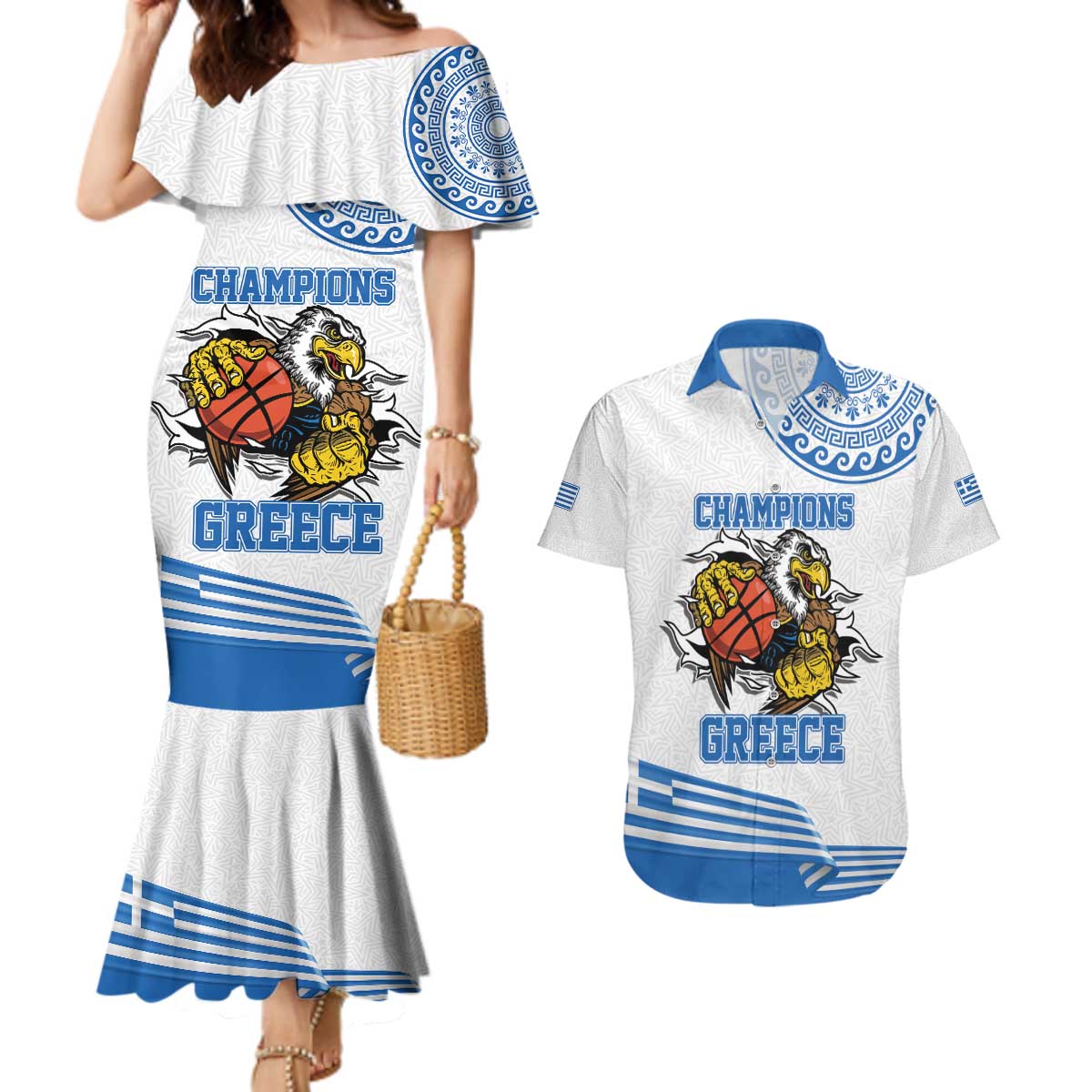 Custom Greece Basketball Champions Couples Matching Mermaid Dress and Hawaiian Shirt Sporty Style with Eagle Mascot