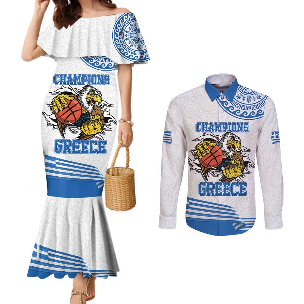 Custom Greece Basketball Champions Couples Matching Mermaid Dress and Long Sleeve Button Shirt Sporty Style with Eagle Mascot