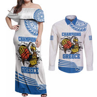Custom Greece Basketball Champions Couples Matching Off Shoulder Maxi Dress and Long Sleeve Button Shirt Sporty Style with Eagle Mascot