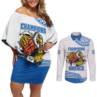 Custom Greece Basketball Champions Couples Matching Off Shoulder Short Dress and Long Sleeve Button Shirt Sporty Style with Eagle Mascot