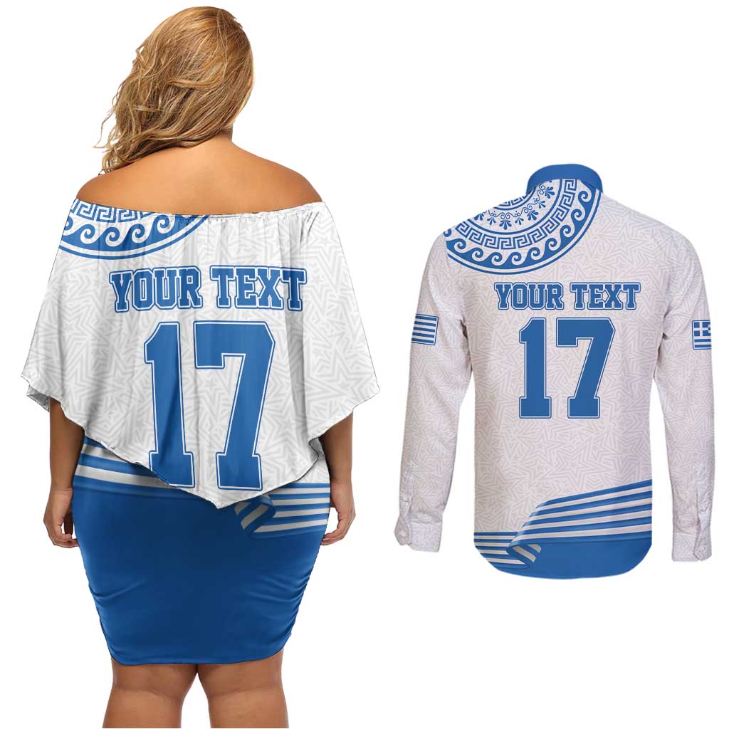 Custom Greece Basketball Champions Couples Matching Off Shoulder Short Dress and Long Sleeve Button Shirt Sporty Style with Eagle Mascot