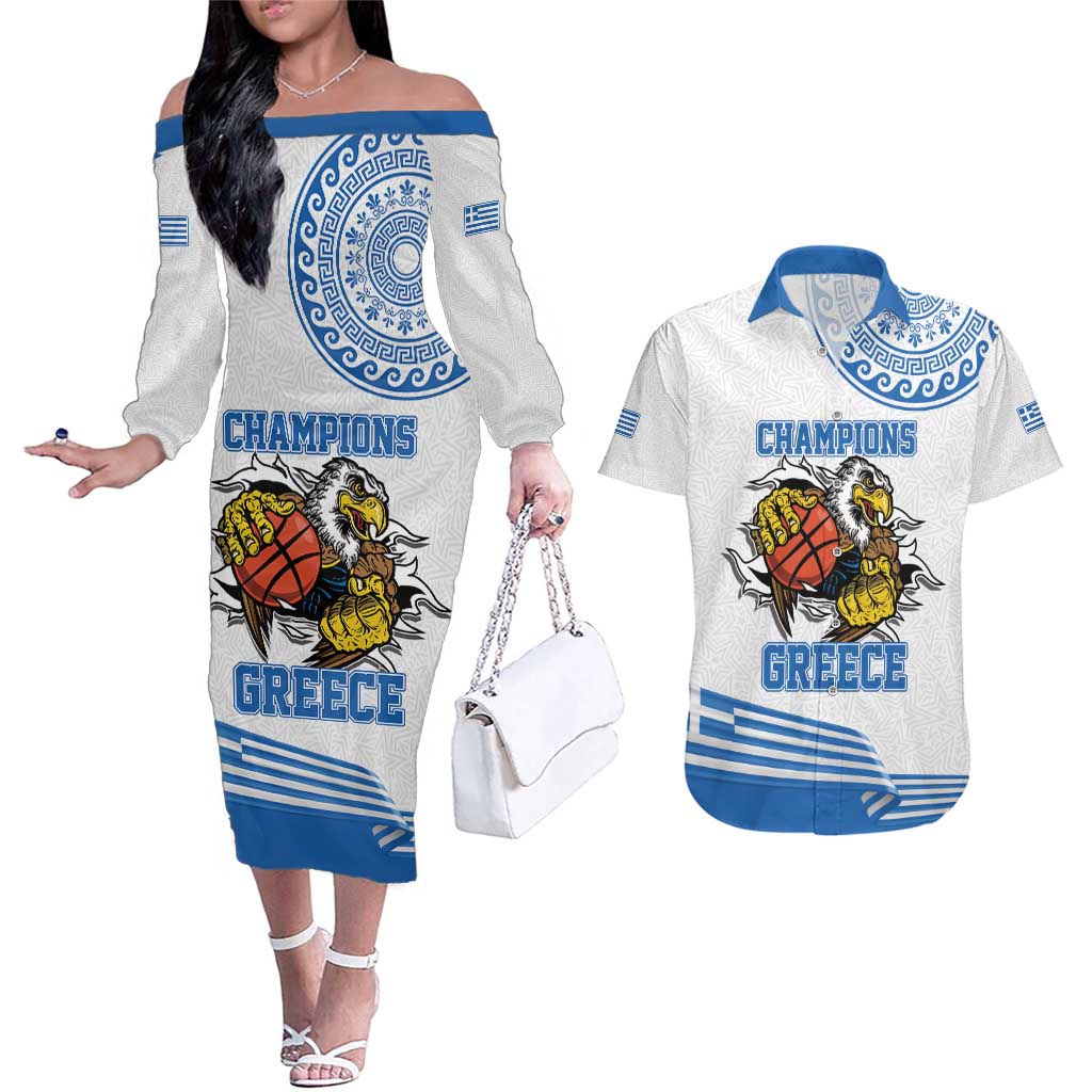 Custom Greece Basketball Champions Couples Matching Off The Shoulder Long Sleeve Dress and Hawaiian Shirt Sporty Style with Eagle Mascot