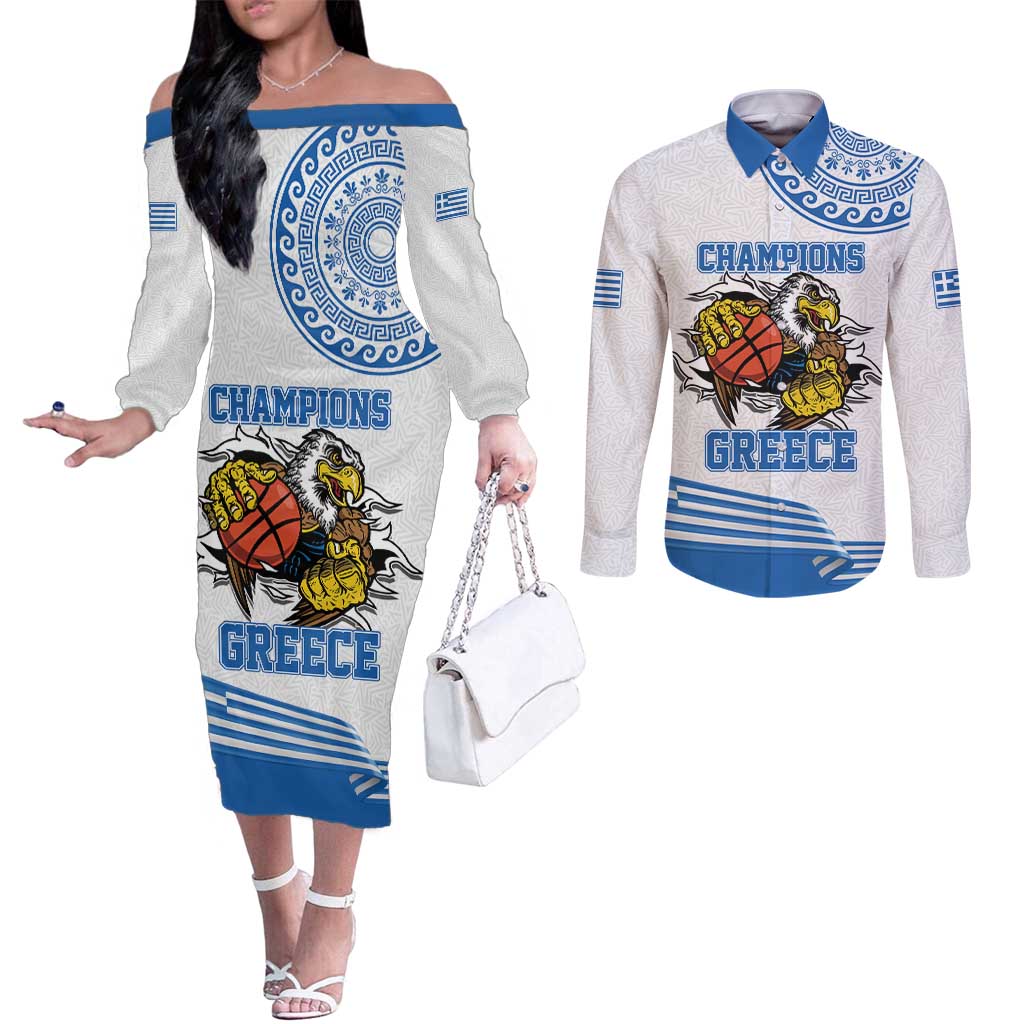 Custom Greece Basketball Champions Couples Matching Off The Shoulder Long Sleeve Dress and Long Sleeve Button Shirt Sporty Style with Eagle Mascot