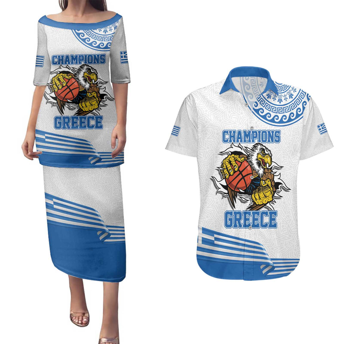 Custom Greece Basketball Champions Couples Matching Puletasi and Hawaiian Shirt Sporty Style with Eagle Mascot