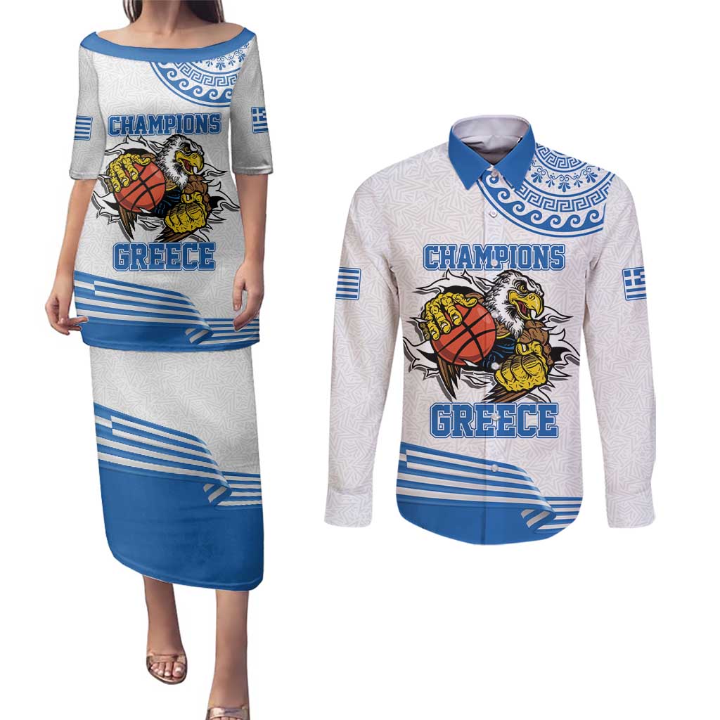 Custom Greece Basketball Champions Couples Matching Puletasi and Long Sleeve Button Shirt Sporty Style with Eagle Mascot