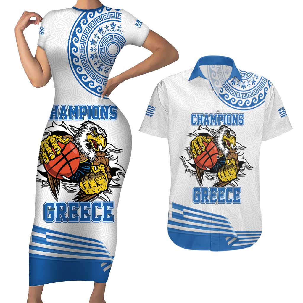 Custom Greece Basketball Champions Couples Matching Short Sleeve Bodycon Dress and Hawaiian Shirt Sporty Style with Eagle Mascot