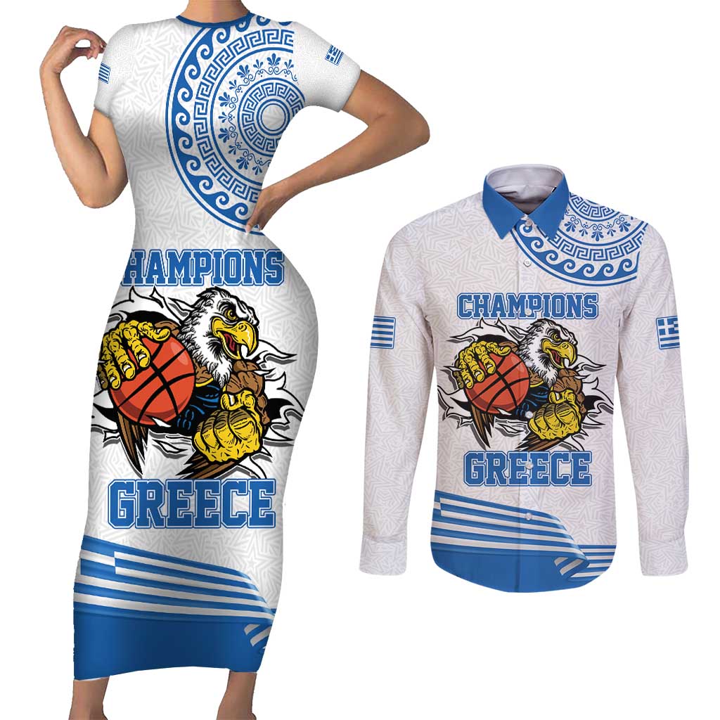 Custom Greece Basketball Champions Couples Matching Short Sleeve Bodycon Dress and Long Sleeve Button Shirt Sporty Style with Eagle Mascot