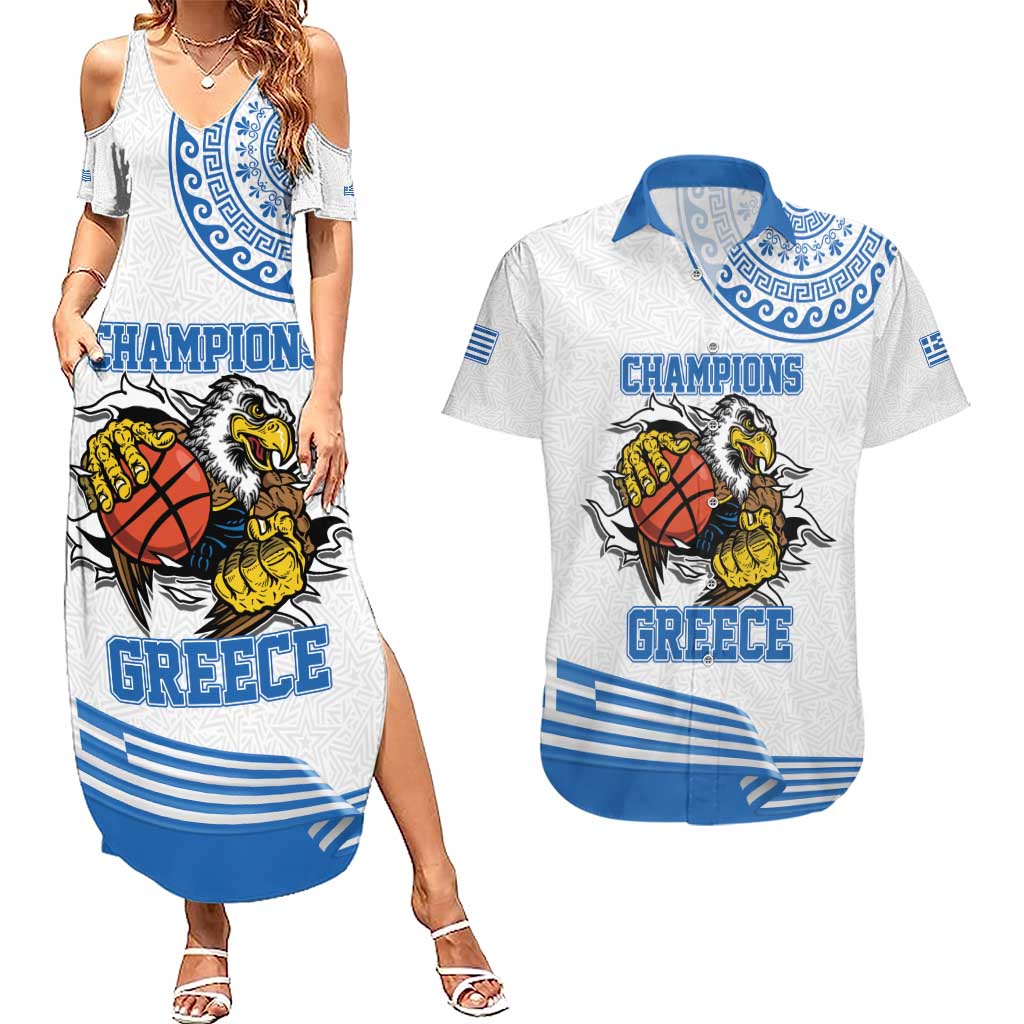 Custom Greece Basketball Champions Couples Matching Summer Maxi Dress and Hawaiian Shirt Sporty Style with Eagle Mascot