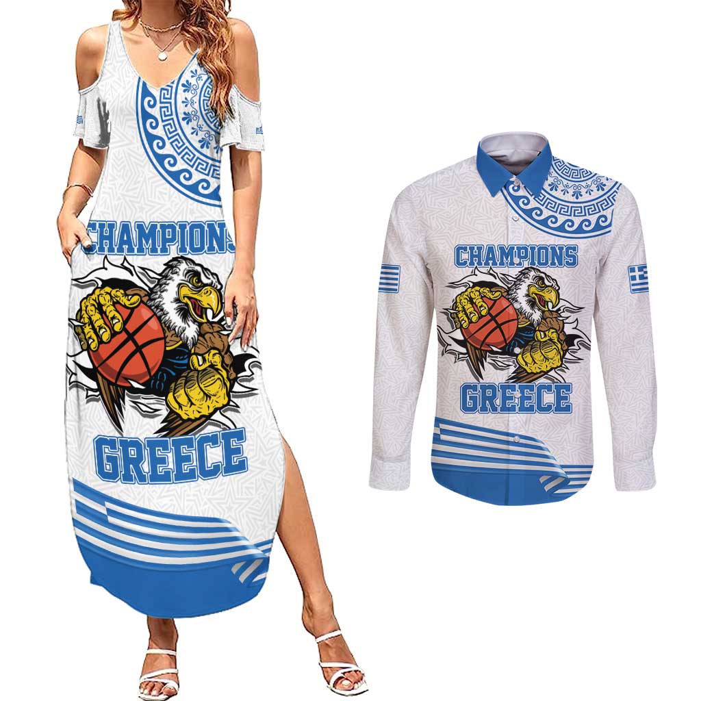 Custom Greece Basketball Champions Couples Matching Summer Maxi Dress and Long Sleeve Button Shirt Sporty Style with Eagle Mascot