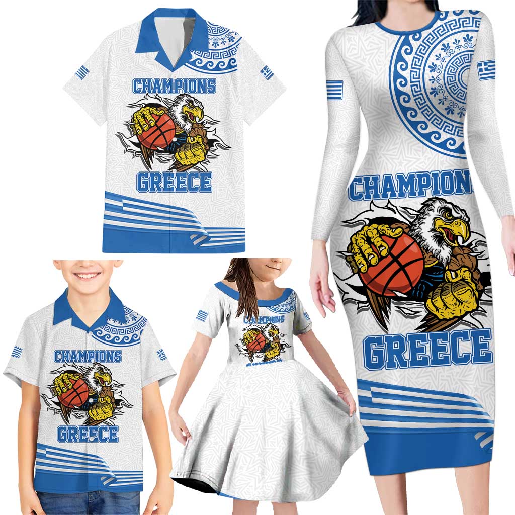 Custom Greece Basketball Champions Family Matching Long Sleeve Bodycon Dress and Hawaiian Shirt Sporty Style with Eagle Mascot
