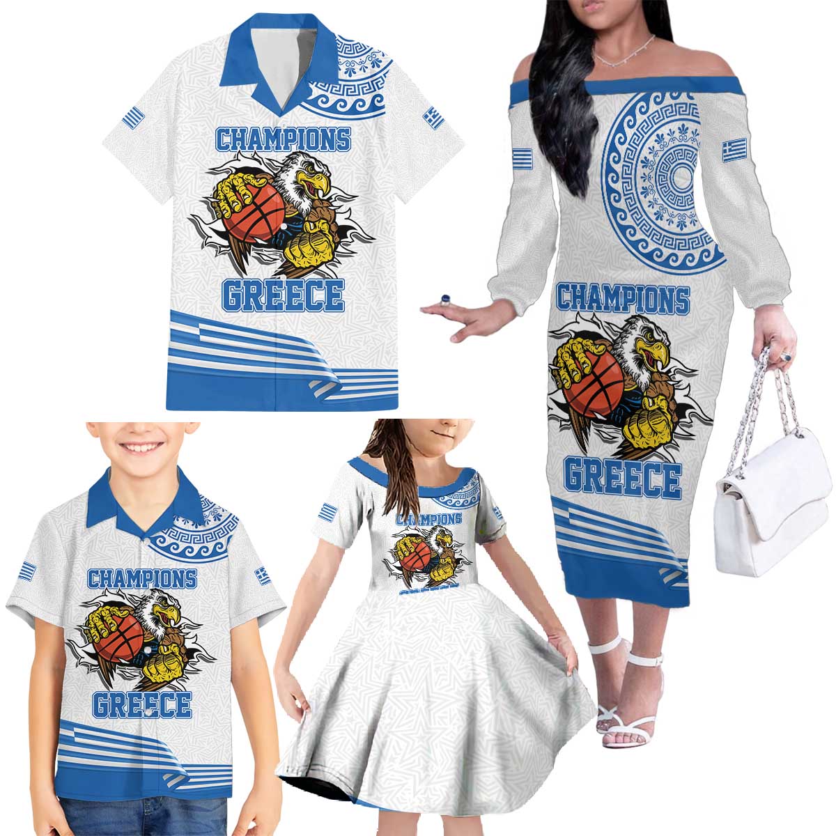 Custom Greece Basketball Champions Family Matching Off The Shoulder Long Sleeve Dress and Hawaiian Shirt Sporty Style with Eagle Mascot