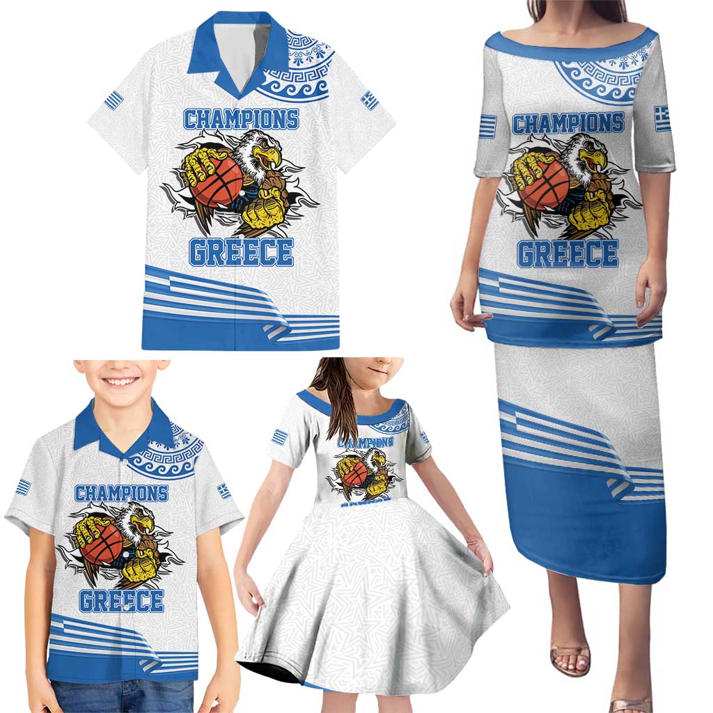 Custom Greece Basketball Champions Family Matching Puletasi and Hawaiian Shirt Sporty Style with Eagle Mascot