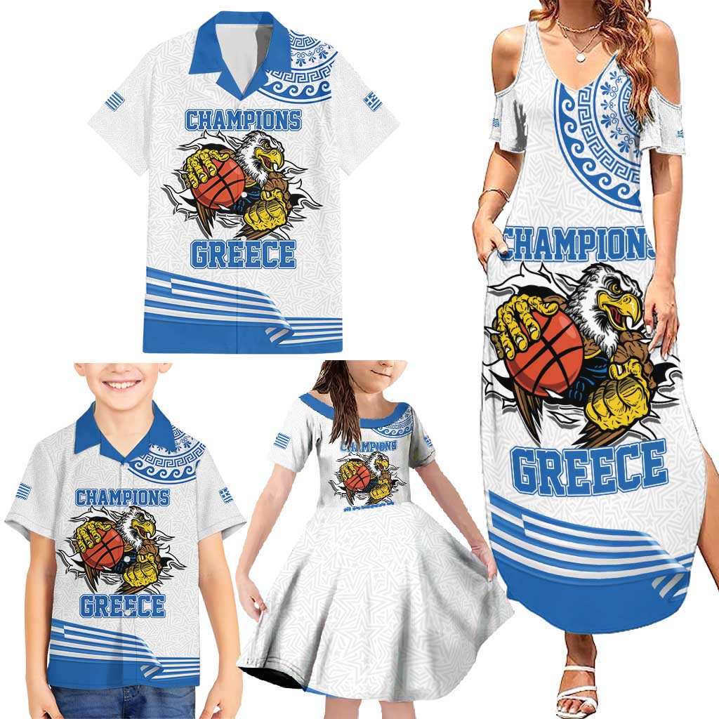 Custom Greece Basketball Champions Family Matching Summer Maxi Dress and Hawaiian Shirt Sporty Style with Eagle Mascot