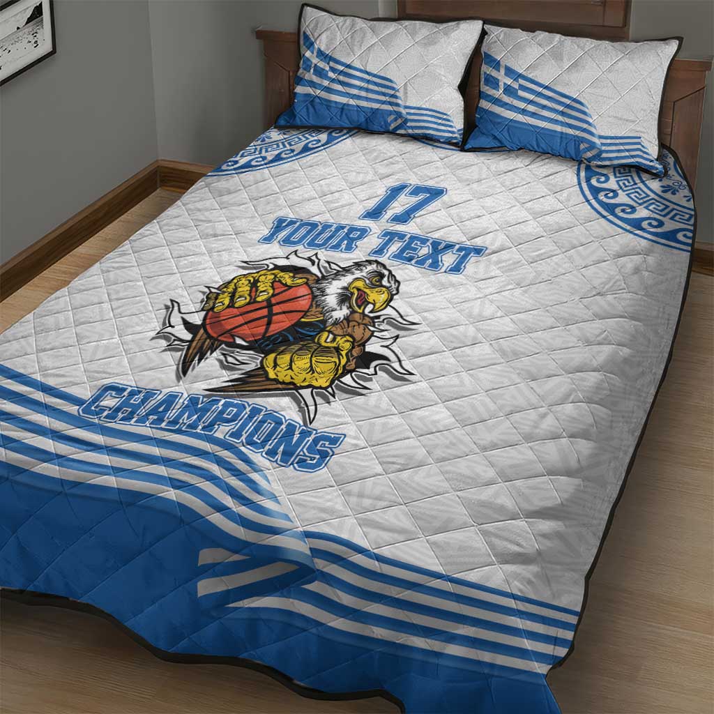 Custom Greece Basketball Champions Quilt Bed Set Sporty Style with Eagle Mascot