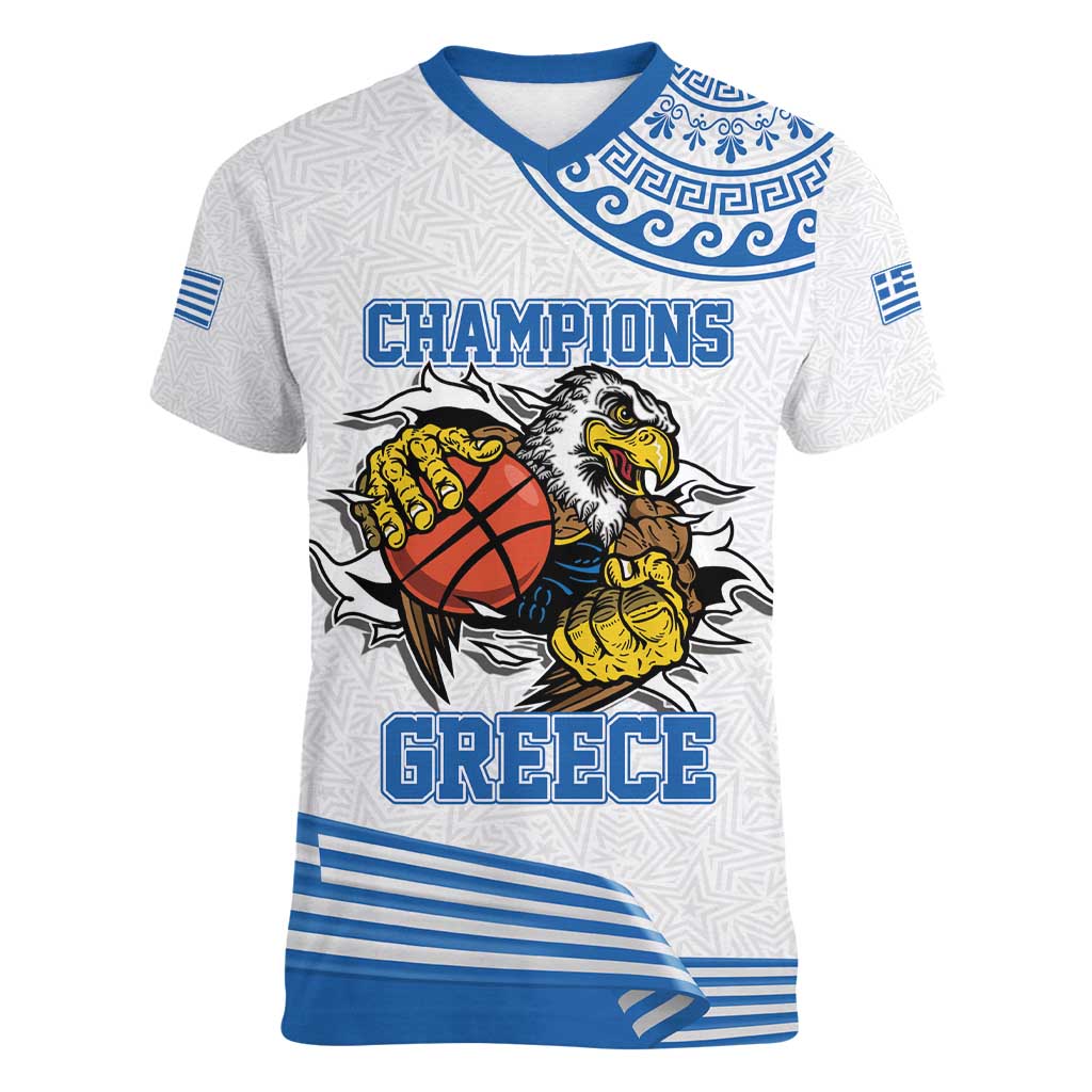 Custom Greece Basketball Champions Women V-Neck T-Shirt Sporty Style with Eagle Mascot