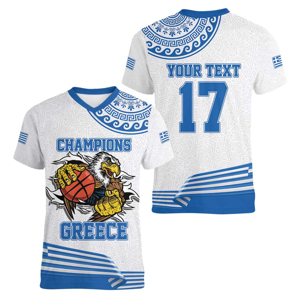 Custom Greece Basketball Champions Women V-Neck T-Shirt Sporty Style with Eagle Mascot
