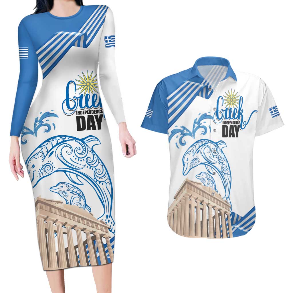 Personalized Greece Greek Independence Day Couples Matching Long Sleeve Bodycon Dress and Hawaiian Shirt Dolphin and Parthenon