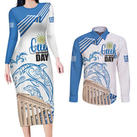 Personalized Greece Greek Independence Day Couples Matching Long Sleeve Bodycon Dress and Long Sleeve Button Shirt Dolphin and Parthenon