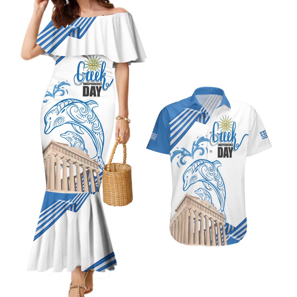 Personalized Greece Greek Independence Day Couples Matching Mermaid Dress and Hawaiian Shirt Dolphin and Parthenon