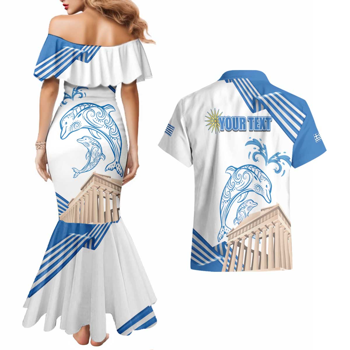 Personalized Greece Greek Independence Day Couples Matching Mermaid Dress and Hawaiian Shirt Dolphin and Parthenon