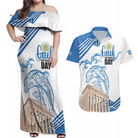 Personalized Greece Greek Independence Day Couples Matching Off Shoulder Maxi Dress and Hawaiian Shirt Dolphin and Parthenon