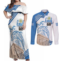 Personalized Greece Greek Independence Day Couples Matching Off Shoulder Maxi Dress and Long Sleeve Button Shirt Dolphin and Parthenon