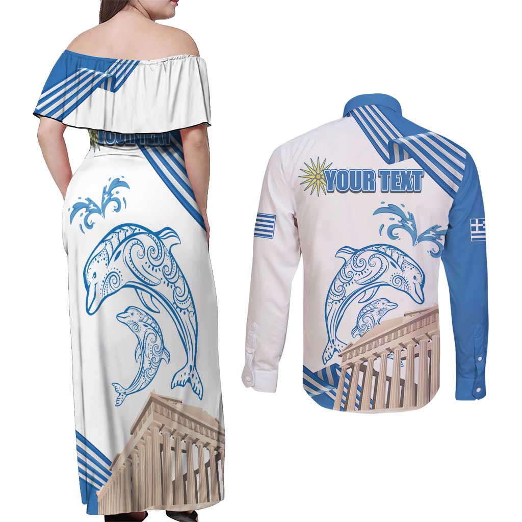 Personalized Greece Greek Independence Day Couples Matching Off Shoulder Maxi Dress and Long Sleeve Button Shirt Dolphin and Parthenon