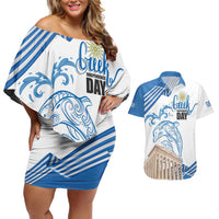 Personalized Greece Greek Independence Day Couples Matching Off Shoulder Short Dress and Hawaiian Shirt Dolphin and Parthenon