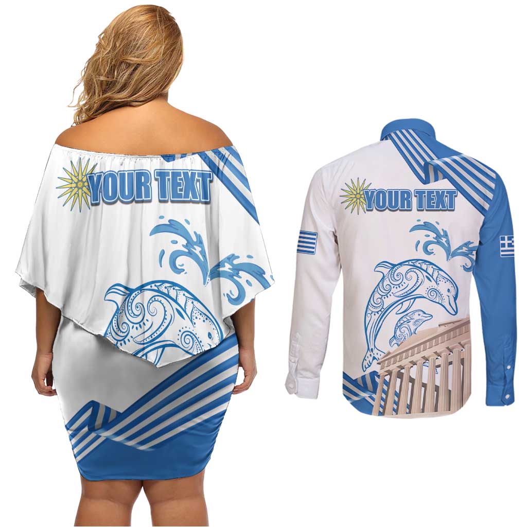 Personalized Greece Greek Independence Day Couples Matching Off Shoulder Short Dress and Long Sleeve Button Shirt Dolphin and Parthenon