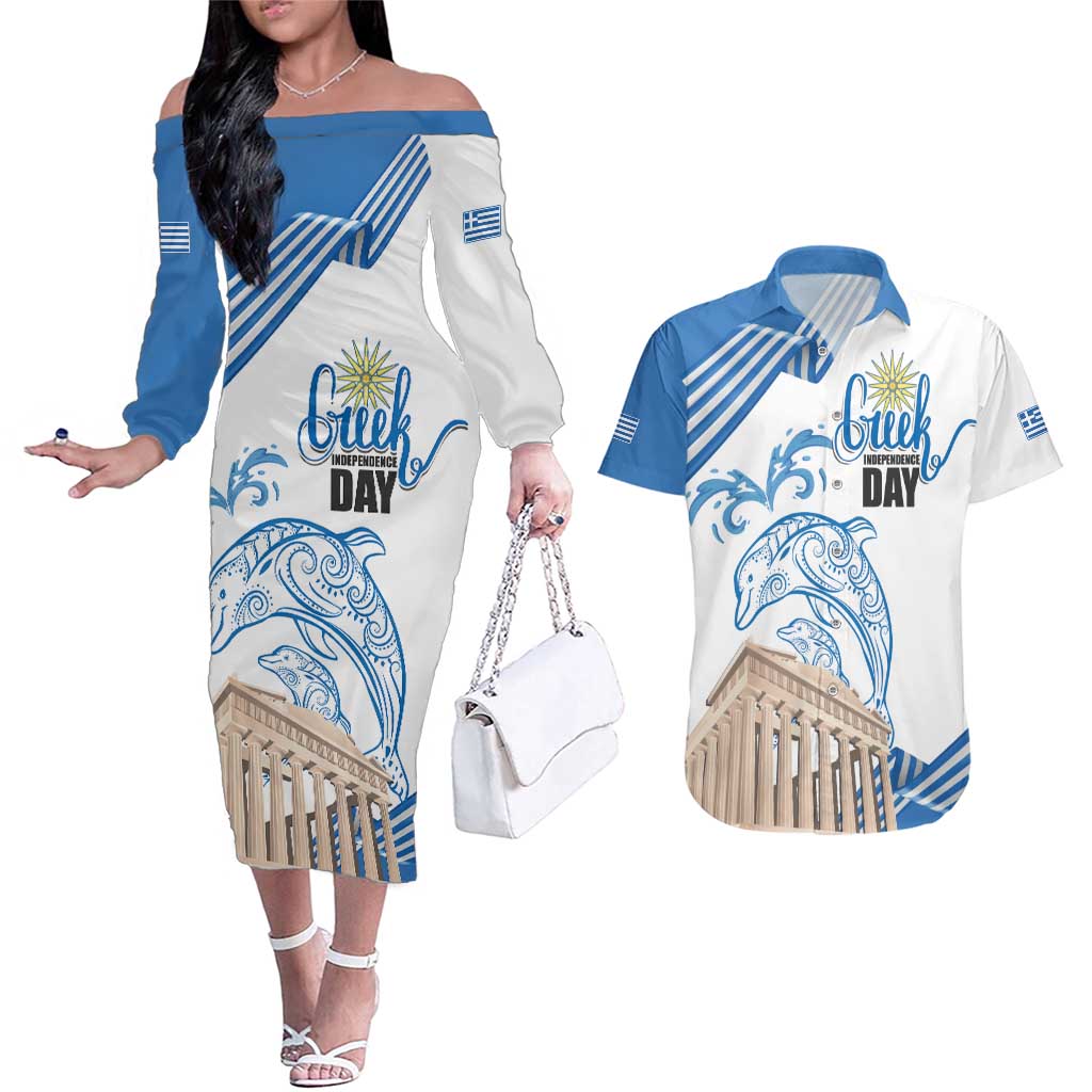 Personalized Greece Greek Independence Day Couples Matching Off The Shoulder Long Sleeve Dress and Hawaiian Shirt Dolphin and Parthenon