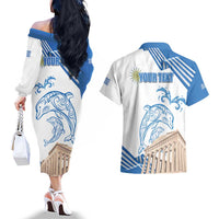Personalized Greece Greek Independence Day Couples Matching Off The Shoulder Long Sleeve Dress and Hawaiian Shirt Dolphin and Parthenon