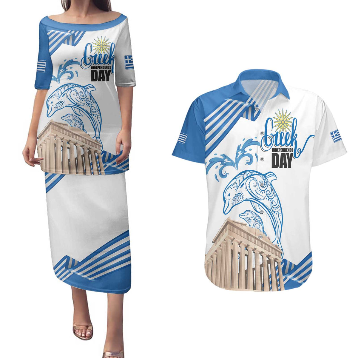 Personalized Greece Greek Independence Day Couples Matching Puletasi and Hawaiian Shirt Dolphin and Parthenon