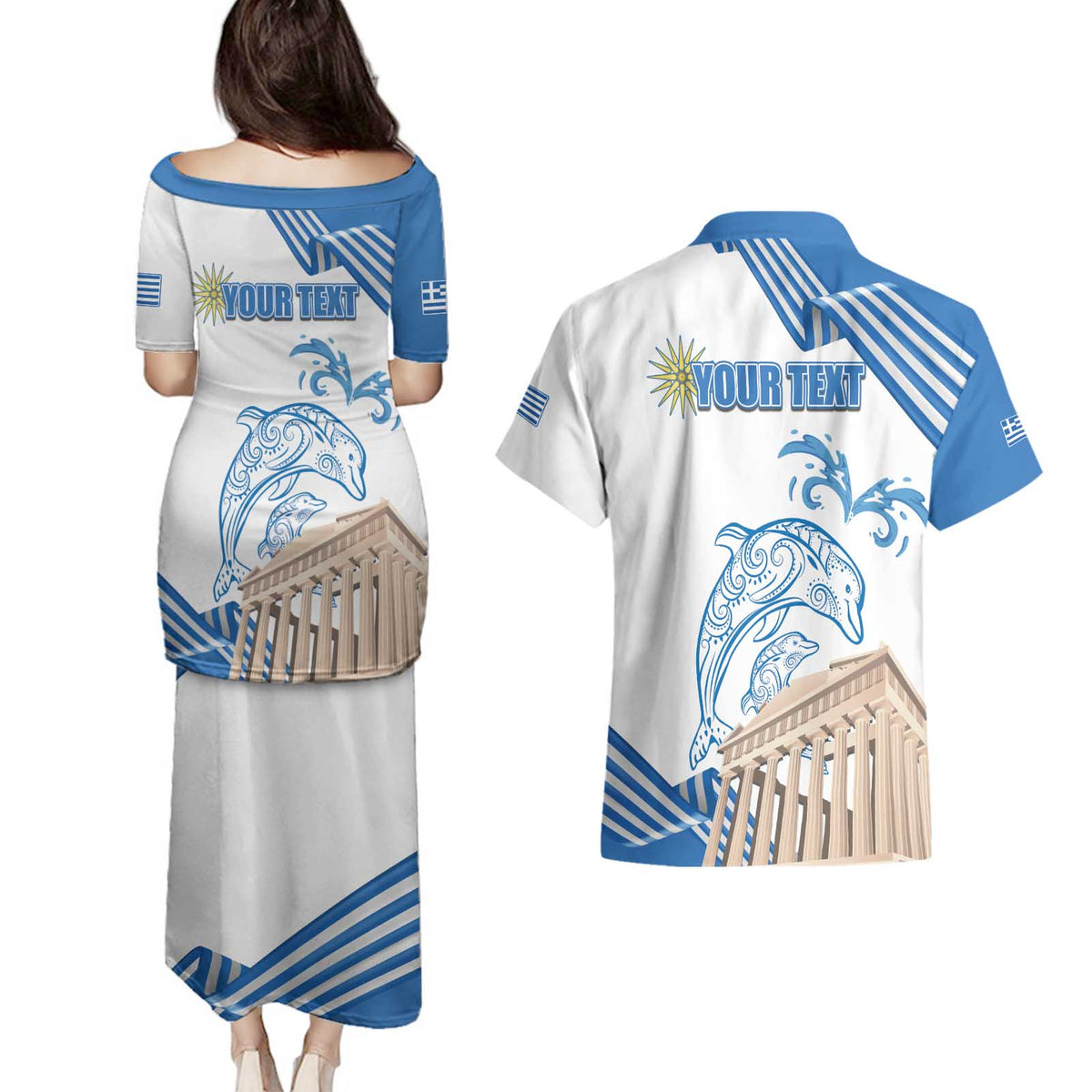 Personalized Greece Greek Independence Day Couples Matching Puletasi and Hawaiian Shirt Dolphin and Parthenon