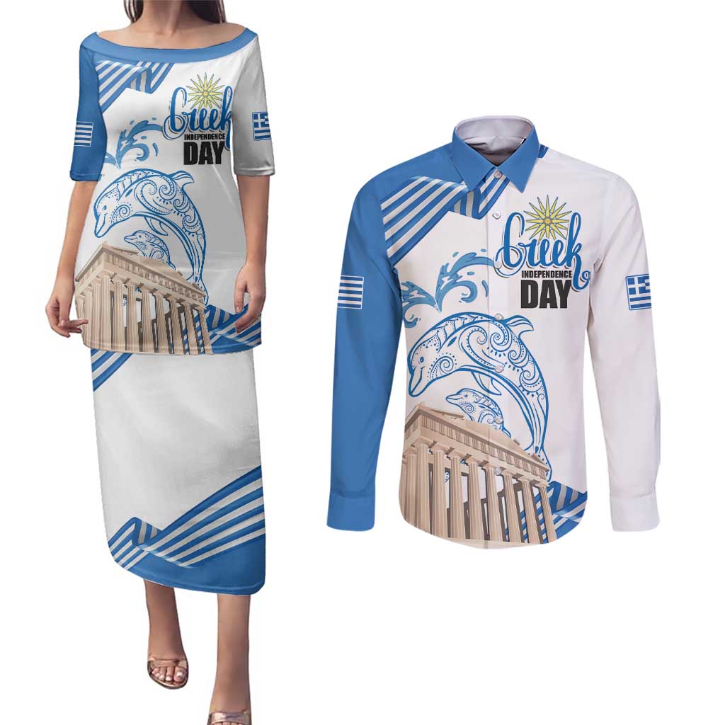 Personalized Greece Greek Independence Day Couples Matching Puletasi and Long Sleeve Button Shirt Dolphin and Parthenon