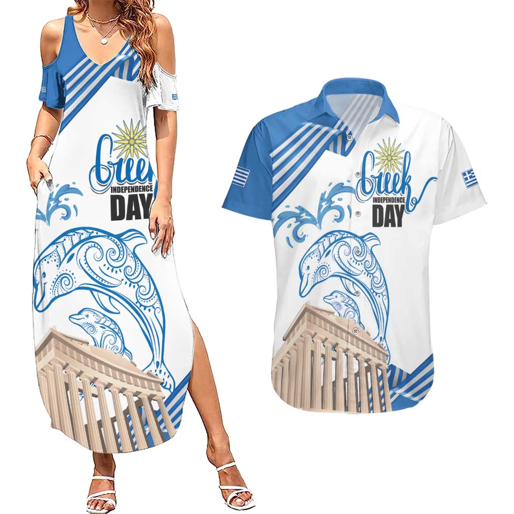 Personalized Greece Greek Independence Day Couples Matching Summer Maxi Dress and Hawaiian Shirt Dolphin and Parthenon