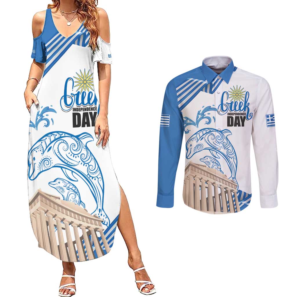 Personalized Greece Greek Independence Day Couples Matching Summer Maxi Dress and Long Sleeve Button Shirt Dolphin and Parthenon