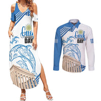 Personalized Greece Greek Independence Day Couples Matching Summer Maxi Dress and Long Sleeve Button Shirt Dolphin and Parthenon
