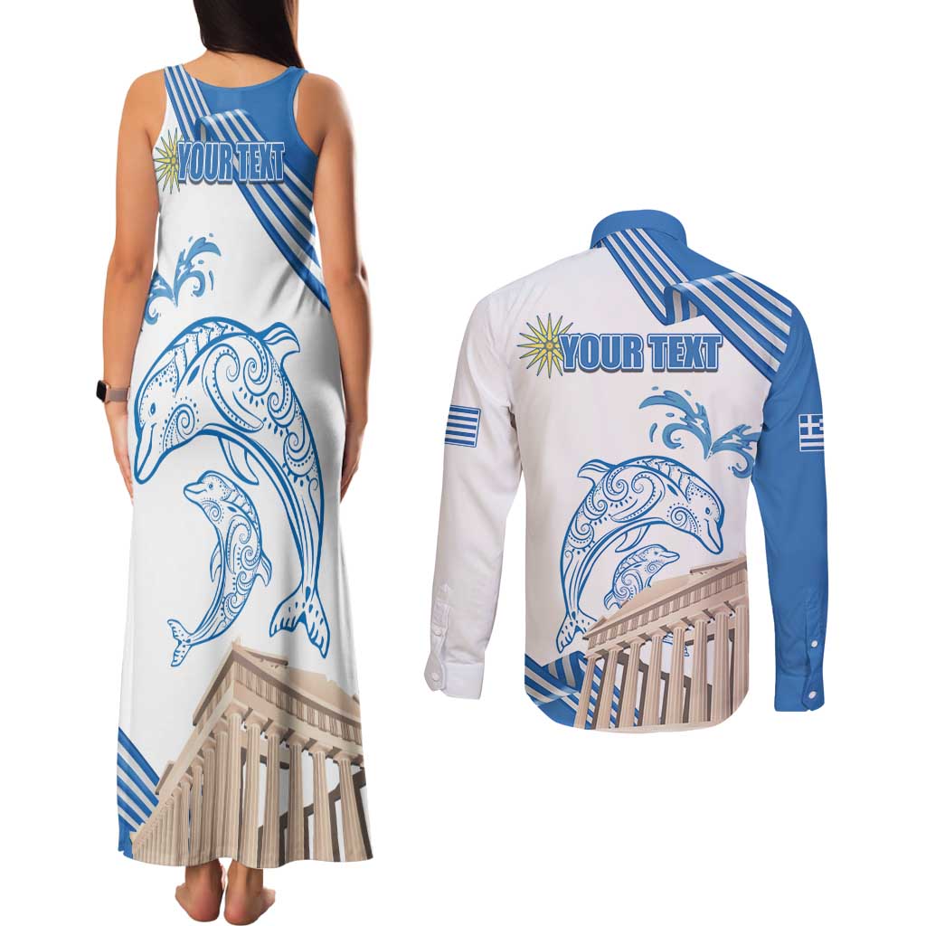 Personalized Greece Greek Independence Day Couples Matching Tank Maxi Dress and Long Sleeve Button Shirt Dolphin and Parthenon