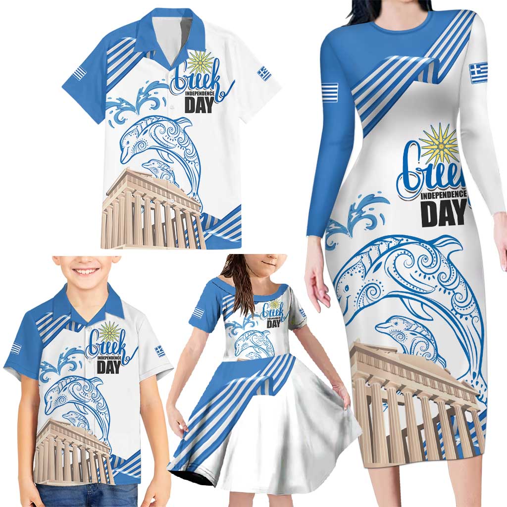 Personalized Greece Greek Independence Day Family Matching Long Sleeve Bodycon Dress and Hawaiian Shirt Dolphin and Parthenon