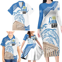 Personalized Greece Greek Independence Day Family Matching Long Sleeve Bodycon Dress and Hawaiian Shirt Dolphin and Parthenon