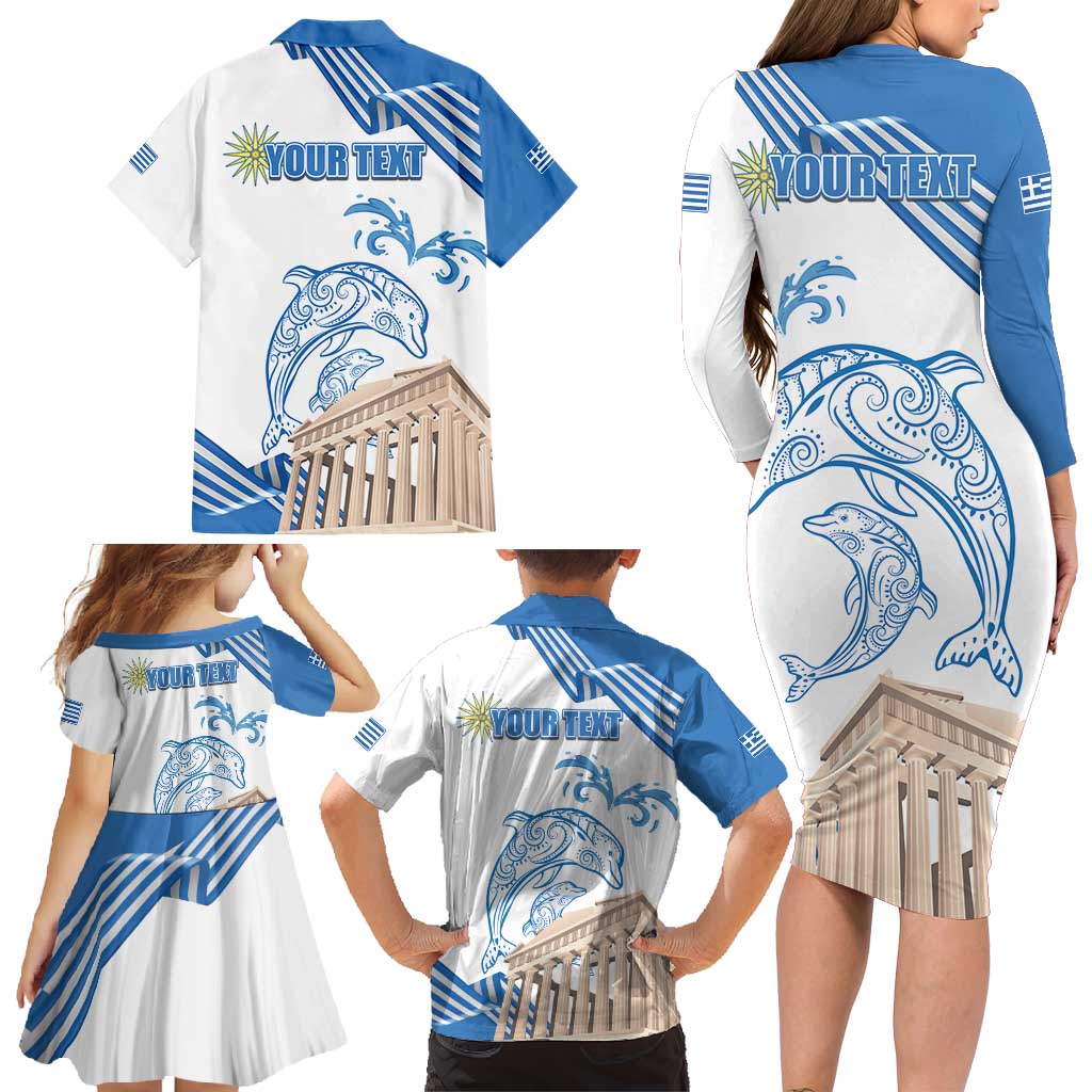 Personalized Greece Greek Independence Day Family Matching Long Sleeve Bodycon Dress and Hawaiian Shirt Dolphin and Parthenon