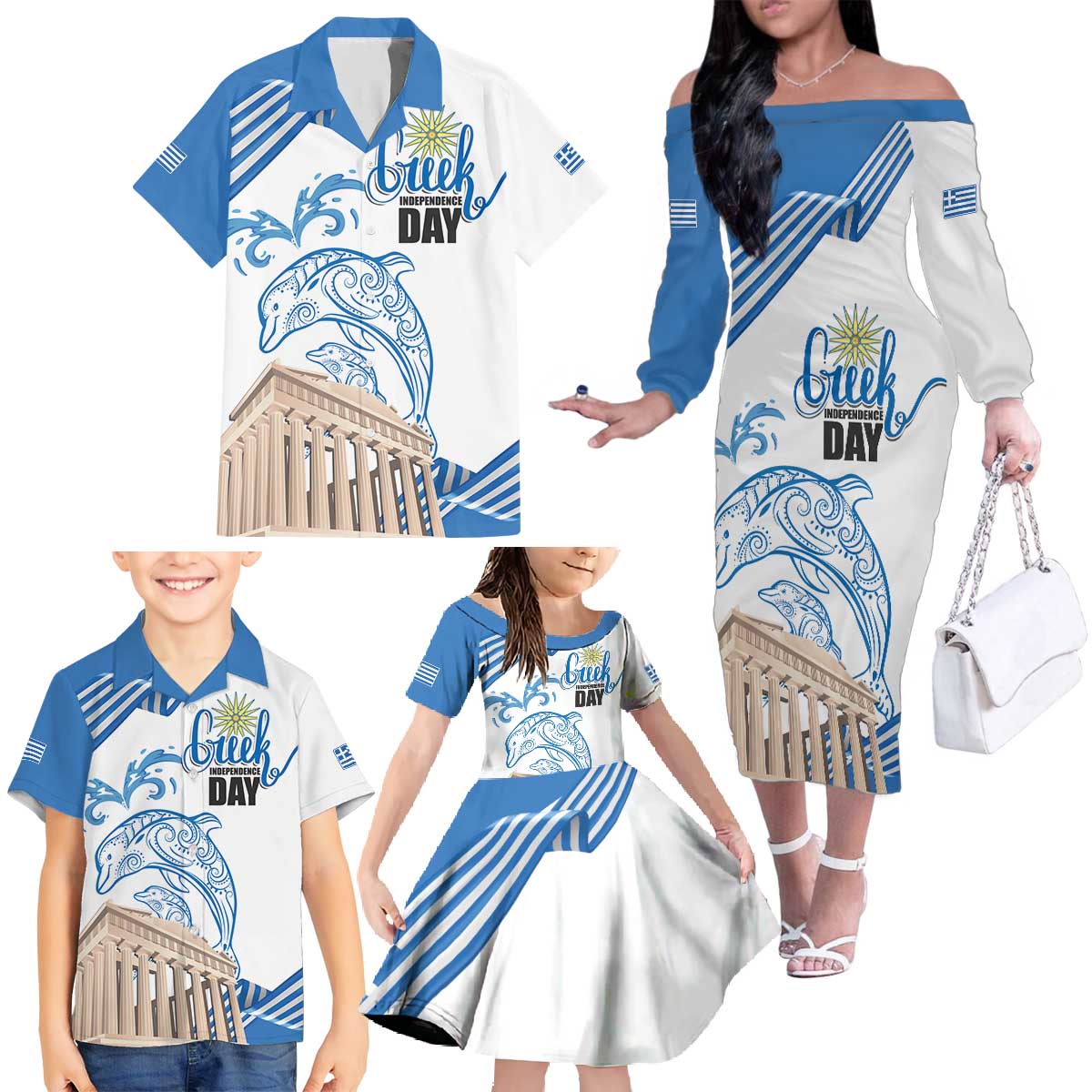 Personalized Greece Greek Independence Day Family Matching Off The Shoulder Long Sleeve Dress and Hawaiian Shirt Dolphin and Parthenon