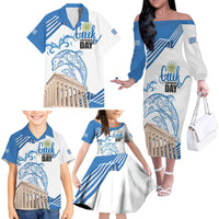 Personalized Greece Greek Independence Day Family Matching Off The Shoulder Long Sleeve Dress and Hawaiian Shirt Dolphin and Parthenon