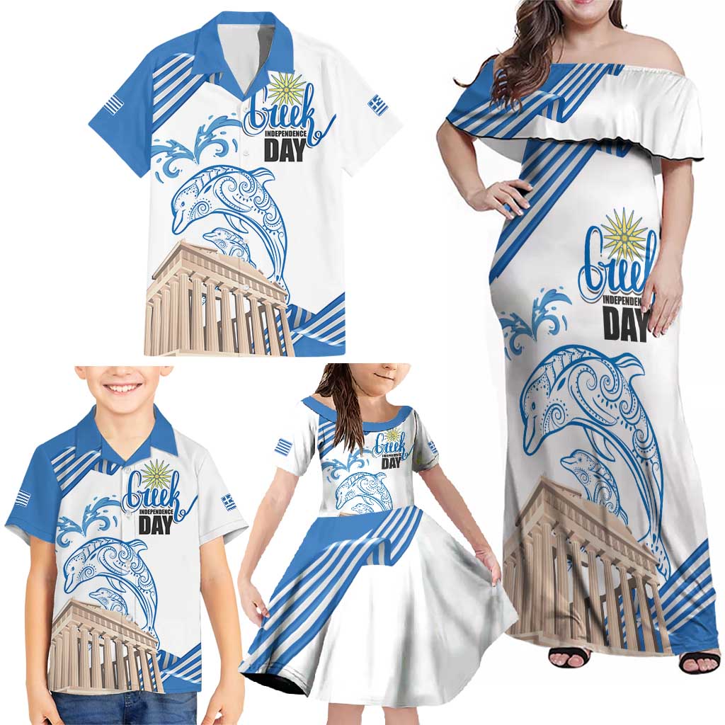Personalized Greece Greek Independence Day Family Matching Off Shoulder Maxi Dress and Hawaiian Shirt Dolphin and Parthenon