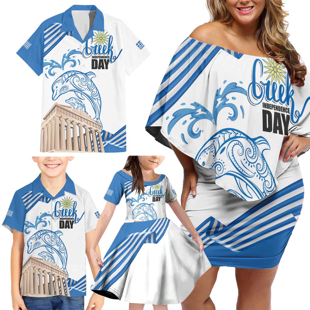 Personalized Greece Greek Independence Day Family Matching Off Shoulder Short Dress and Hawaiian Shirt Dolphin and Parthenon
