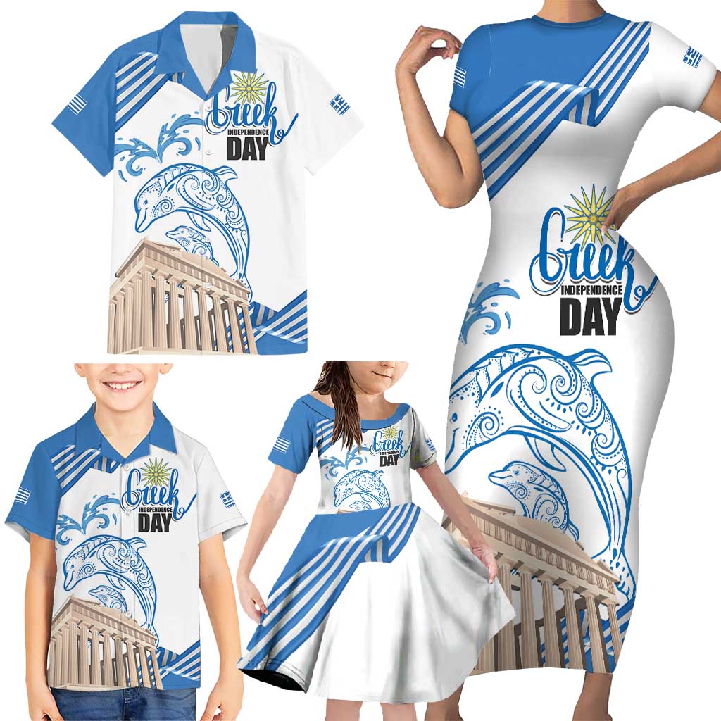 Personalized Greece Greek Independence Day Family Matching Short Sleeve Bodycon Dress and Hawaiian Shirt Dolphin and Parthenon