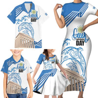 Personalized Greece Greek Independence Day Family Matching Short Sleeve Bodycon Dress and Hawaiian Shirt Dolphin and Parthenon