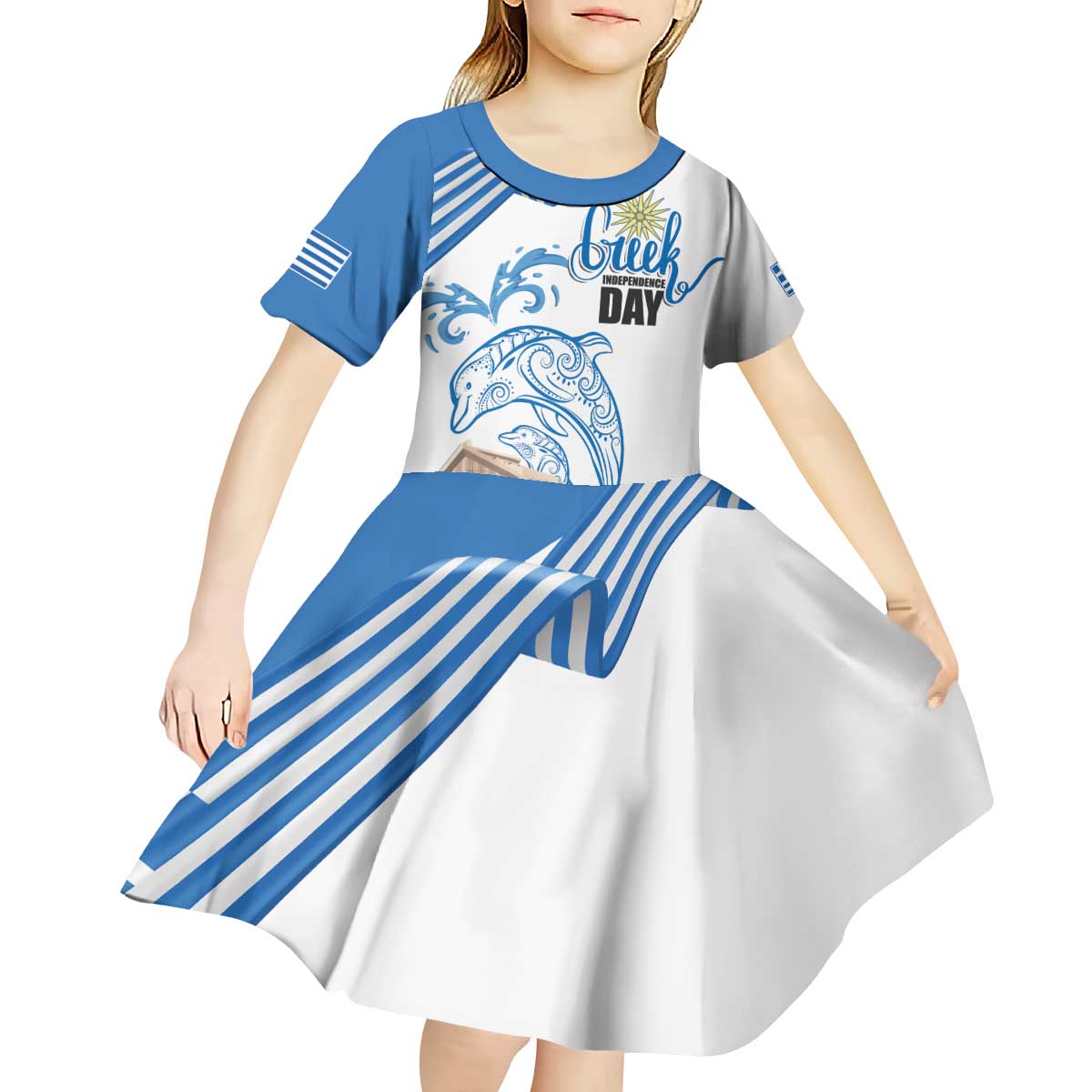 Personalized Greece Greek Independence Day Kid Short Sleeve Dress Dolphin and Parthenon